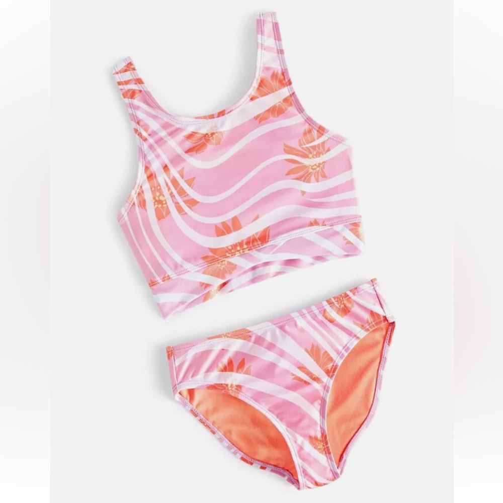 Macy’s Ideology NWT Twisted Tankini Swimsuit Pink Fluorite Girls Large UPF 50+
